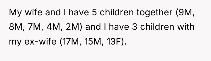 My wife and I have 5 children together (9M, 8M,...