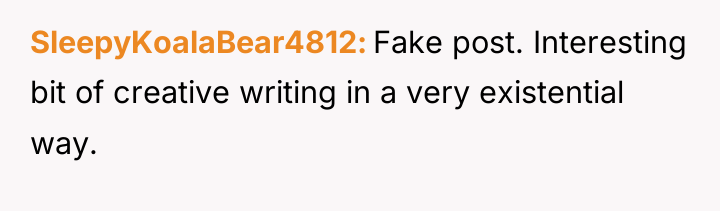 SleepyKoalaBear4812 Fake post. Interesting bit of creative writing in a...