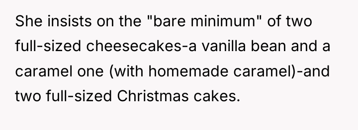 She insists on the "bare minimum" of two full-sized cheesecakes-a...