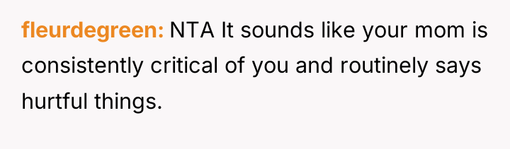 fleurdegreen NTA It sounds like your mom is consistently critical...