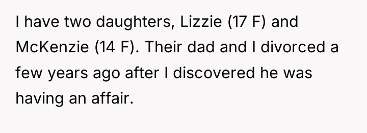 I have two daughters, Lizzie (17 F) and McKenzie (14...