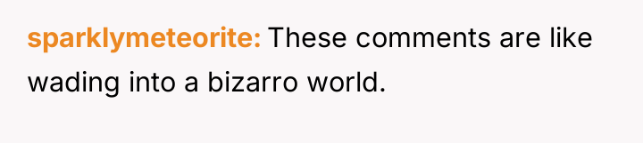 sparklymeteorite These comments are like wading into a bizarro world.