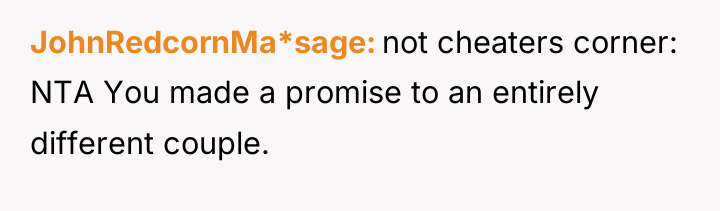 JohnRedcornMa*sage not cheaters corner: NTA You made a promise to...