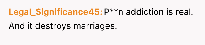 Legal_Significance45 P**n addiction is real. And it destroys marriages.