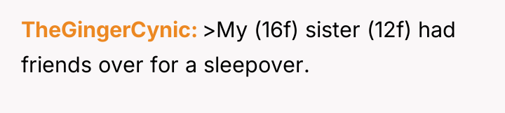 TheGingerCynic >My (16f) sister (12f) had friends over for a...