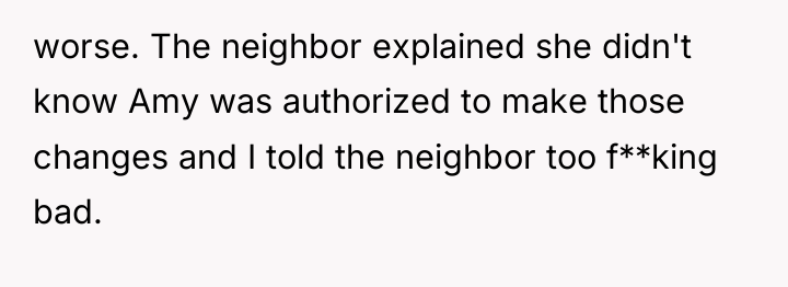 worse. The neighbor explained she didn't know Amy was authorized...