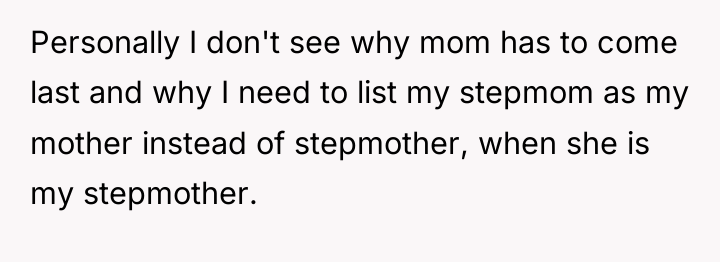 Personally I don't see why mom has to come last...