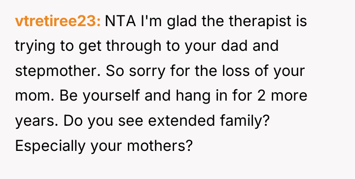 vtretiree23 NTA I'm glad the therapist is trying to get...
