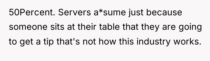 50Percent. Servers a*sume just because someone sits at their table...