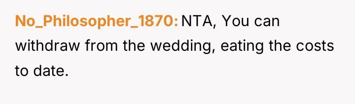 No_Philosopher_1870 NTA, You can withdraw from the wedding, eating the...