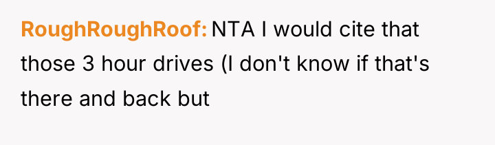 RoughRoughRoof NTA I would cite that those 3 hour drives...