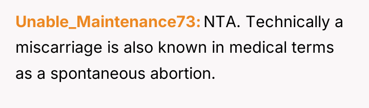 Unable_Maintenance73 NTA. Technically a miscarriage is also known in medical...