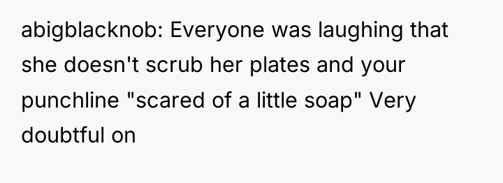 abigblacknob: Everyone was laughing that she doesn't scrub her plates...