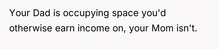 Your Dad is occupying space you'd otherwise earn income on,...