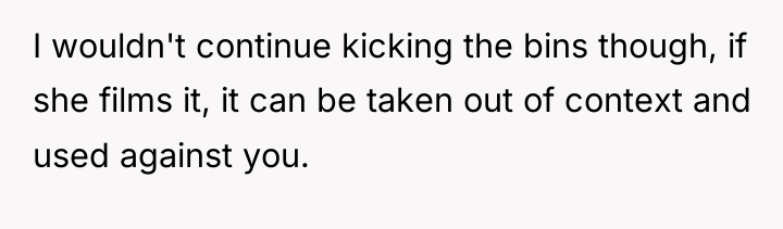 I wouldn't continue kicking the bins though, if she films...