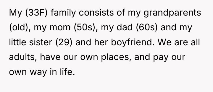 My (33F) family consists of my grandparents (old), my mom...