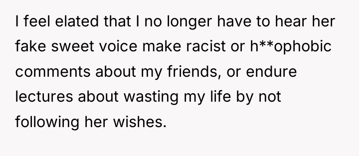 I feel elated that I no longer have to hear...