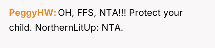 PeggyHW OH, FFS, NTA!!! Protect your child. NorthernLitUp: NTA.
