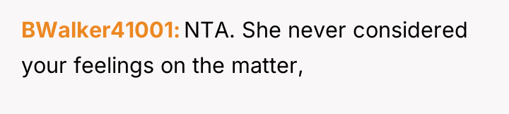BWalker41001 NTA. She never considered your feelings on the matter,