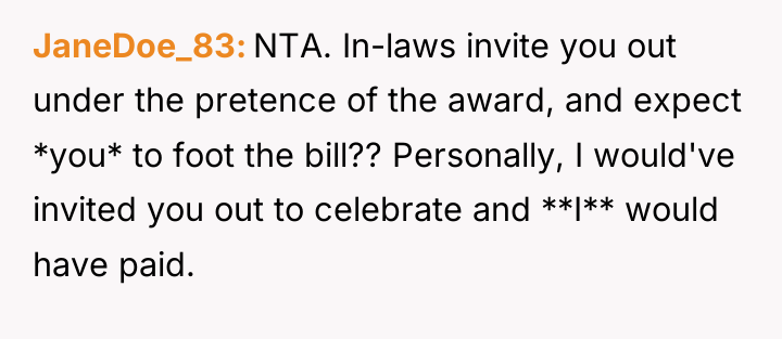 JaneDoe_83 NTA. In-laws invite you out under the pretence of...