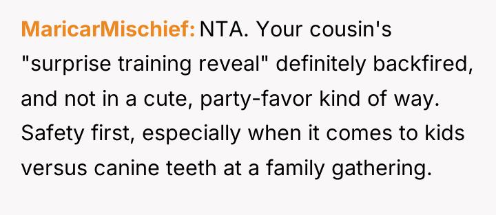 MaricarMischief NTA. Your cousin's "surprise training reveal" definitely backfired, and...