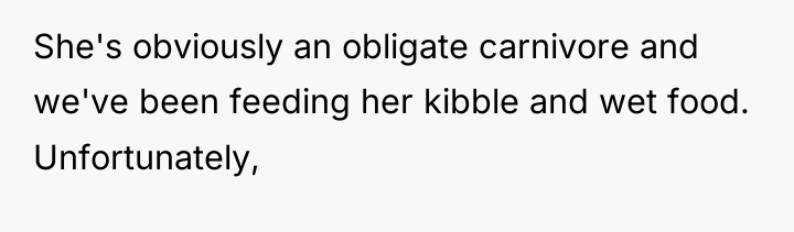 She's obviously an obligate carnivore and we've been feeding her...