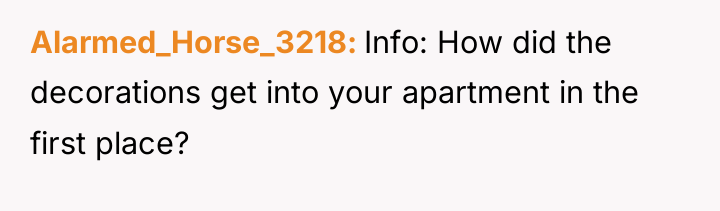 Alarmed_Horse_3218 Info: How did the decorations get into your apartment...
