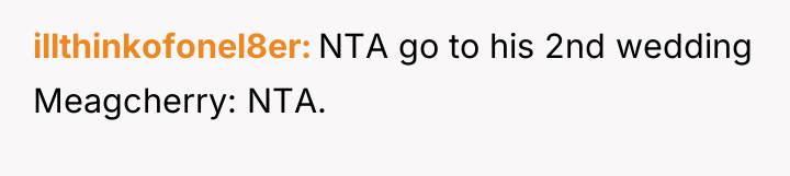 illthinkofonel8er NTA go to his 2nd wedding Meagcherry: NTA.