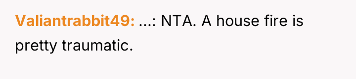 Valiantrabbit49 ...: NTA. A house fire is pretty traumatic.