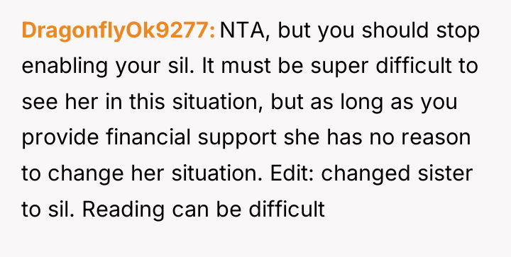 DragonflyOk9277 NTA, but you should stop enabling your sil. It...
