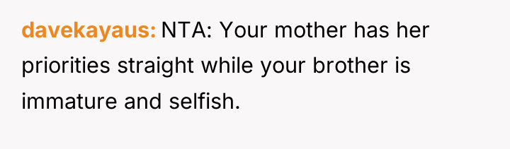davekayaus NTA: Your mother has her priorities straight while your...