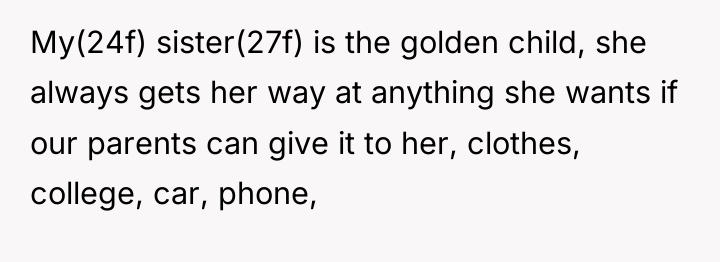 My(24f) sister(27f) is the golden child, she always gets her...