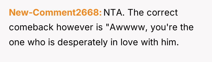 New-Comment2668 NTA. The correct comeback however is "Awwww, you're the...
