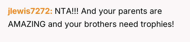 jlewis7272 NTA!!! And your parents are AMAZING and your brothers...