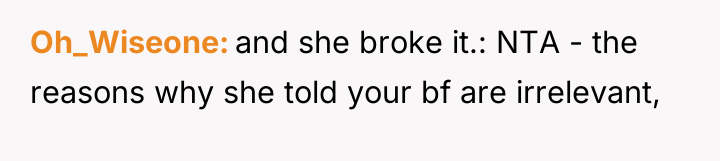 Oh_Wiseone and she broke it.: NTA - the reasons why...