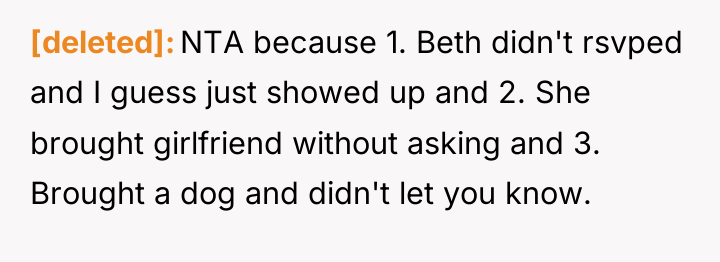 [deleted] NTA because 1. Beth didn't rsvped and I guess...