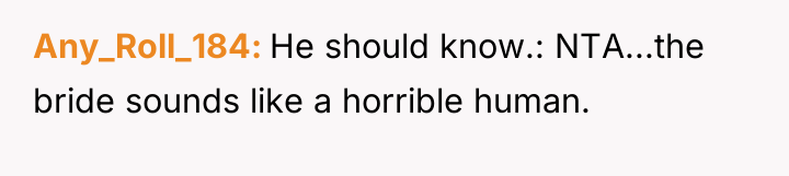 Any_Roll_184 He should know.: NTA...the bride sounds like a horrible...