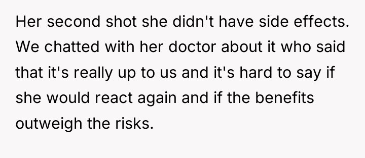 Her second shot she didn't have side effects. We chatted...