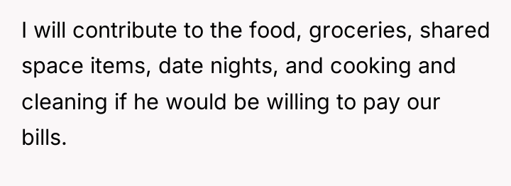 I will contribute to the food, groceries, shared space items,...