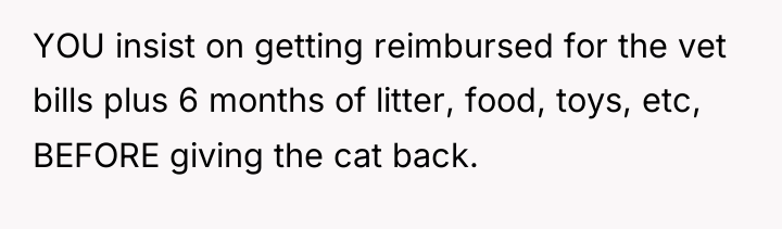 YOU insist on getting reimbursed for the vet bills plus...