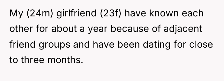 My (24m) girlfriend (23f) have known each other for about...
