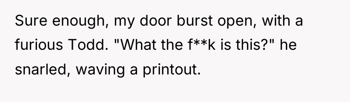 Sure enough, my door burst open, with a furious Todd....