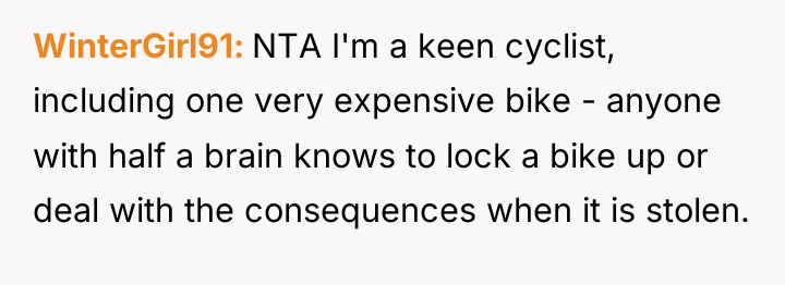 WinterGirl91 NTA I'm a keen cyclist, including one very expensive...