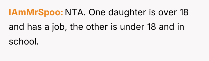 IAmMrSpoo NTA. One daughter is over 18 and has a...