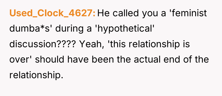 Used_Clock_4627 He called you a 'feminist dumba*s' during a 'hypothetical'...