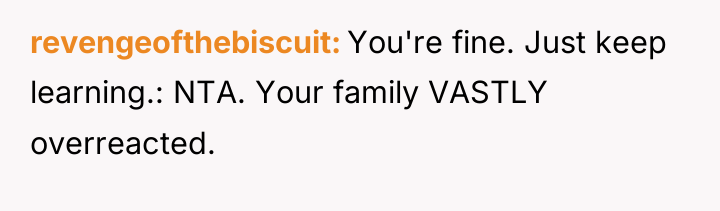 revengeofthebiscuit You're fine. Just keep learning.: NTA. Your family VASTLY...