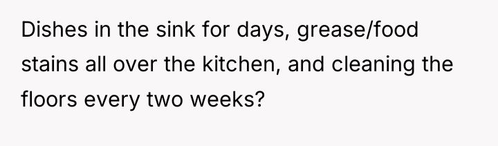 Dishes in the sink for days, grease/food stains all over...