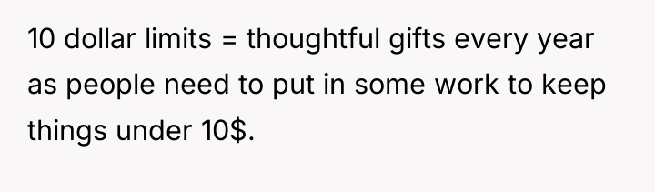 10 dollar limits = thoughtful gifts every year as people...