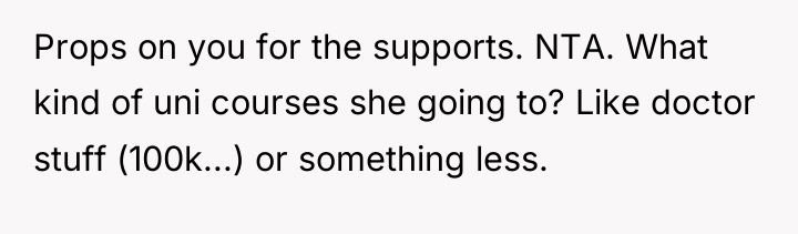 Props on you for the supports. NTA. What kind of...