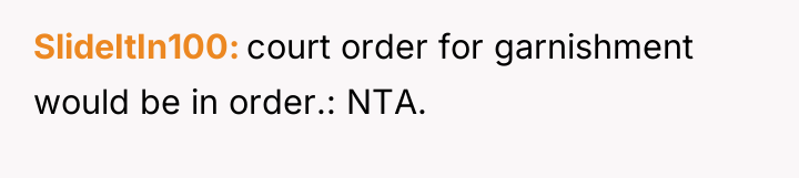 SlideItIn100 court order for garnishment would be in order.: NTA.